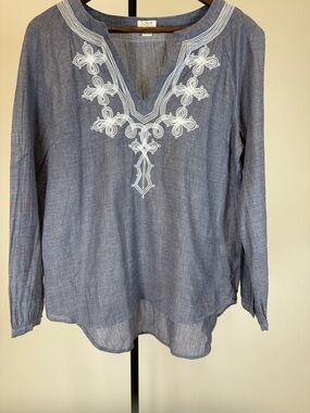 J.Crew Embroidered Chambray Tunic Blouse – Blue/White | Size S